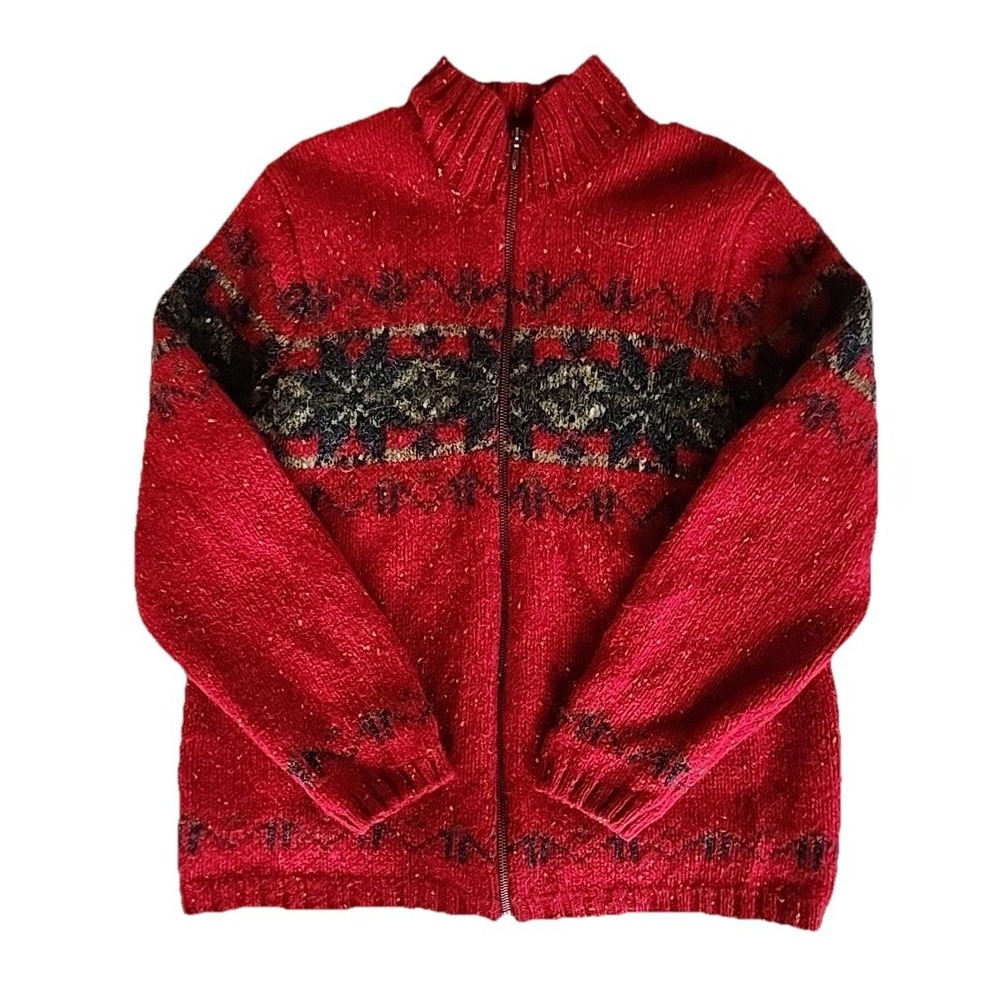 VTG Eddie Bauer Women Cardigan Nordic Fair Isle Chunky Wool Red XL Measures Sz M